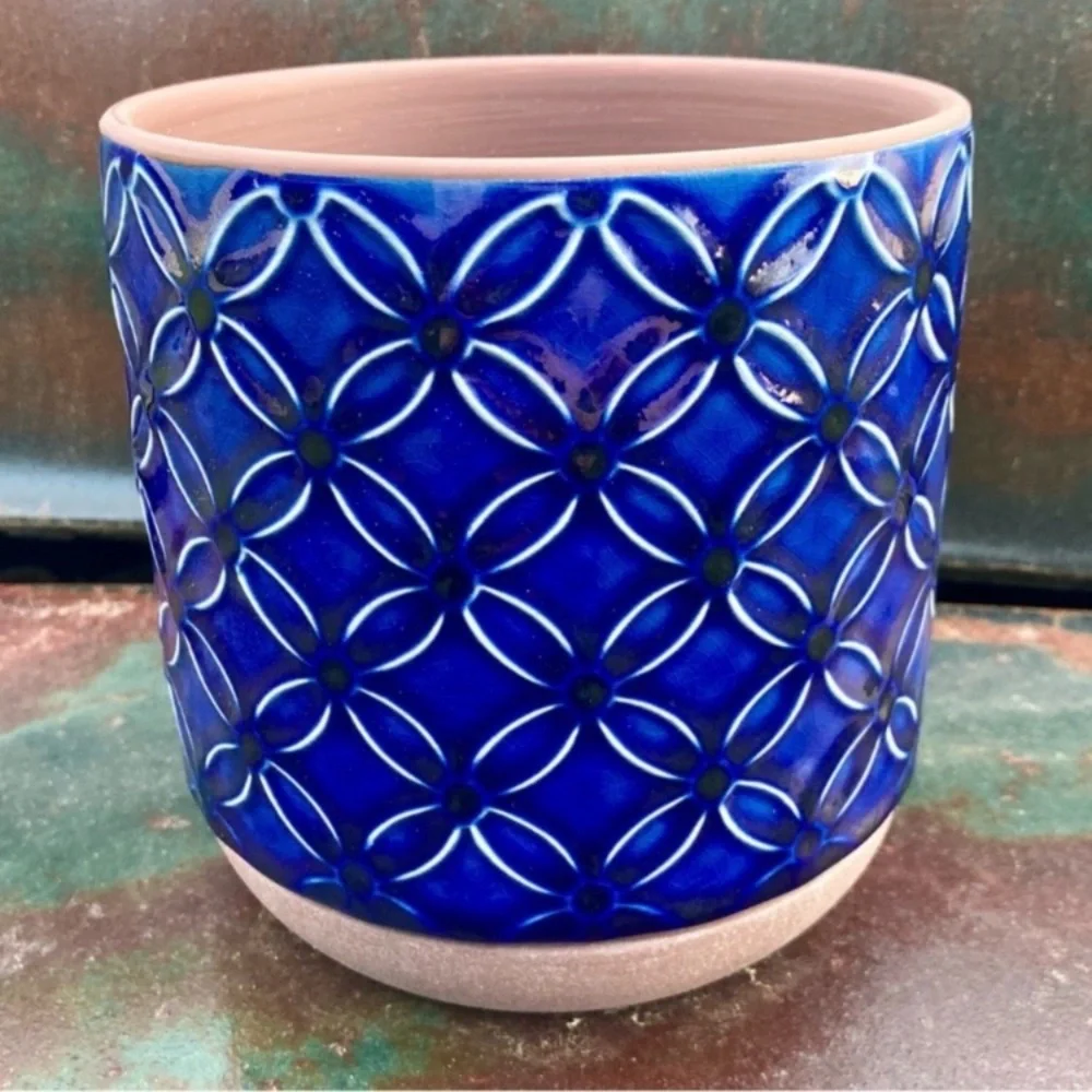 6 Inch Blue Planter Ceramic Pot Cobalt Embossed Floral Pattern Inline Saucer NWT